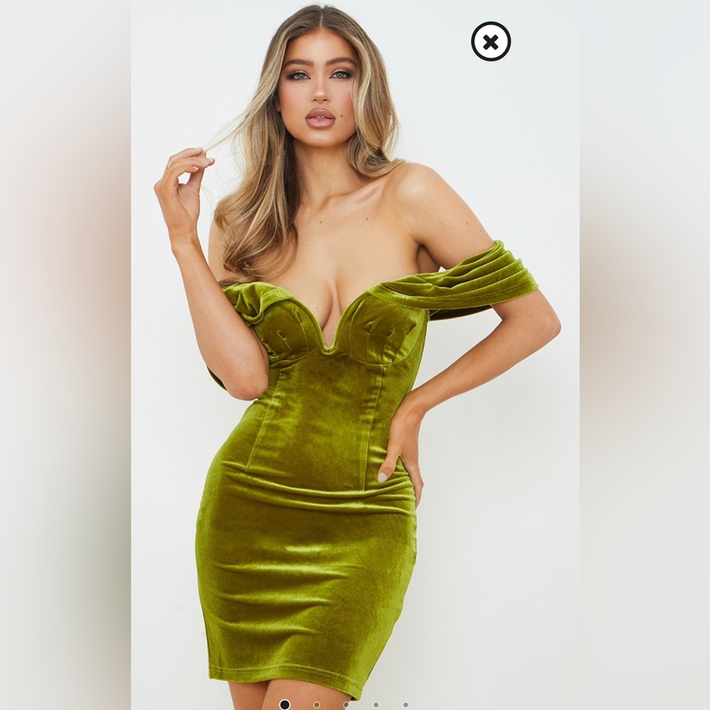 Green Olive Velvet Plunge Bardot Bodycon Dress - Size 8